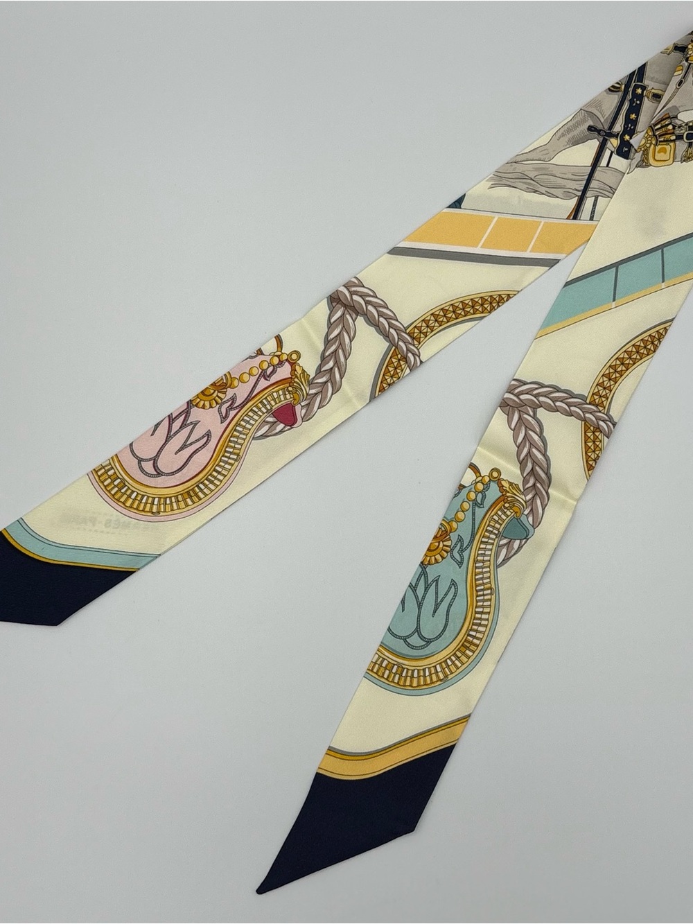 Hermes Grand Apparat Twilly Silk Scarf Ivoire Marine Rose Navy Pink Equestrian - Picture 2 of 6